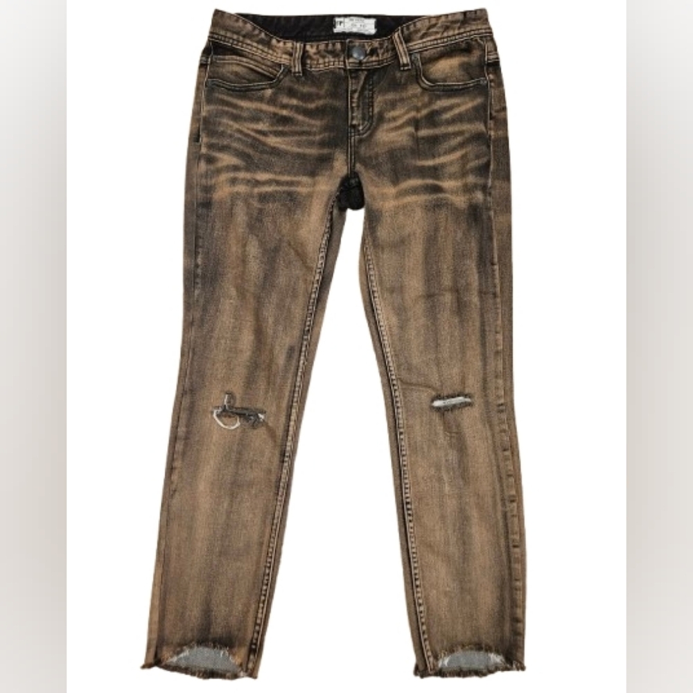 Free People Distressed Skinny Jeans Brown Wash Raw Hem W27